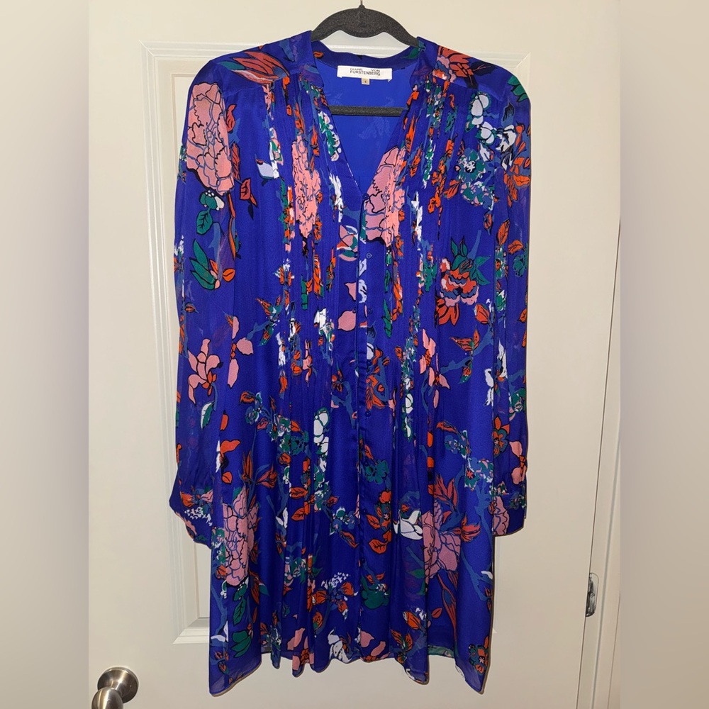 Diane Von Furstenberg Blue Floral Print Long Sleeve Dress